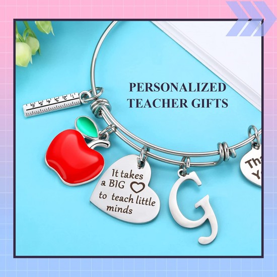 Personalized Stainless Steel Bracelets Friendship Bangle Gifts for Women, Valentines Graduation Thank You Teacher Gifts Present Bracelet with Initial