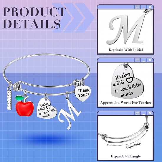 Personalized Stainless Steel Bracelets Friendship Bangle Gifts for Women, Valentines Graduation Thank You Teacher Gifts Present Bracelet with Initial