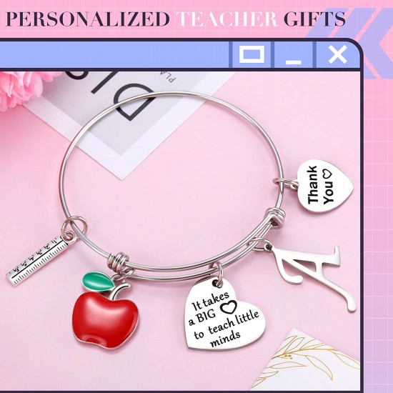 Personalized Stainless Steel Bracelets Friendship Bangle Gifts for Women, Valentines Graduation Thank You Teacher Gifts Present Bracelet with Initial