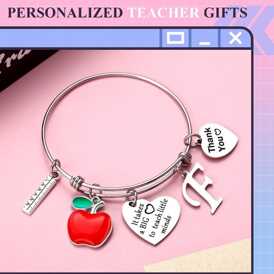 Personalized Stainless Steel Bracelets Friendship Bangle Gifts for Women, Valentines Graduation Thank You Teacher Gifts Present Bracelet with Initial