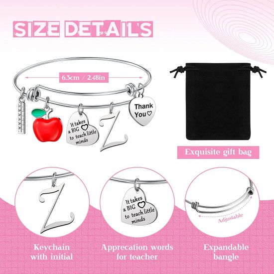 Personalized Stainless Steel Bracelets Friendship Bangle Gifts for Women, Valentines Graduation Thank You Teacher Gifts Present Bracelet with Initial