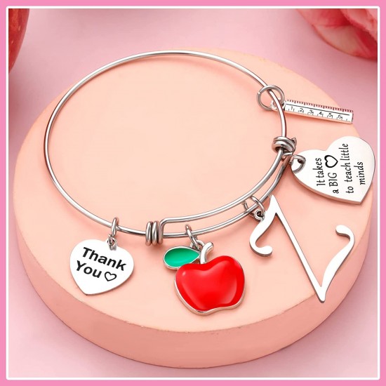 Personalized Stainless Steel Bracelets Friendship Bangle Gifts for Women, Valentines Graduation Thank You Teacher Gifts Present Bracelet with Initial