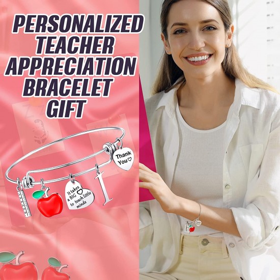 Personalized Stainless Steel Bracelets Friendship Bangle Gifts for Women, Valentines Graduation Thank You Teacher Gifts Present Bracelet with Initial