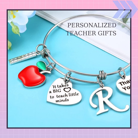 Personalized Stainless Steel Bracelets Friendship Bangle Gifts for Women, Valentines Graduation Thank You Teacher Gifts Present Bracelet with Initial