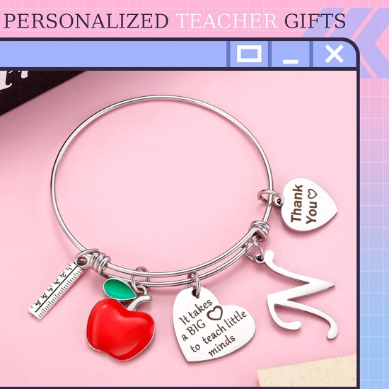 Personalized Stainless Steel Bracelets Friendship Bangle Gifts for Women, Valentines Graduation Thank You Teacher Gifts Present Bracelet with Initial