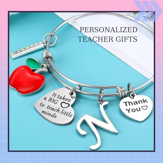 Personalized Stainless Steel Bracelets Friendship Bangle Gifts for Women, Valentines Graduation Thank You Teacher Gifts Present Bracelet with Initial