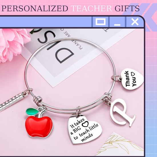 Personalized Stainless Steel Bracelets Friendship Bangle Gifts for Women, Valentines Graduation Thank You Teacher Gifts Present Bracelet with Initial