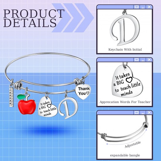 Personalized Stainless Steel Bracelets Friendship Bangle Gifts for Women, Valentines Graduation Thank You Teacher Gifts Present Bracelet with Initial