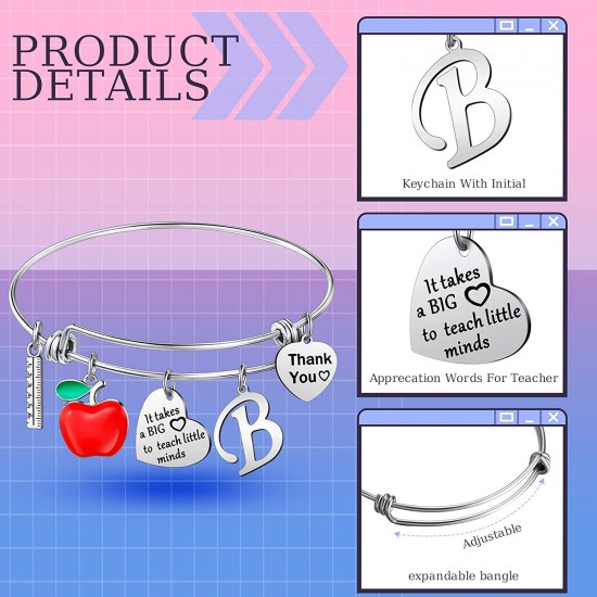 Personalized Stainless Steel Bracelets Friendship Bangle Gifts for Women, Valentines Graduation Thank You Teacher Gifts Present Bracelet with Initial