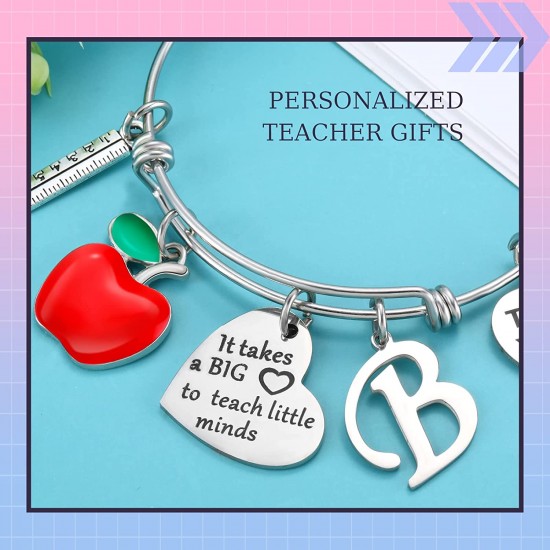 Personalized Stainless Steel Bracelets Friendship Bangle Gifts for Women, Valentines Graduation Thank You Teacher Gifts Present Bracelet with Initial