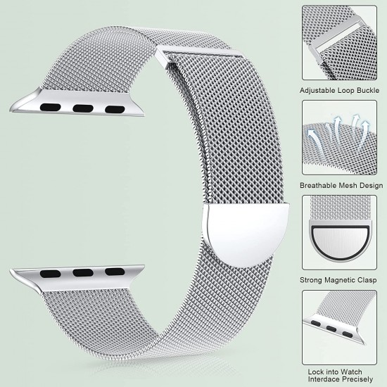 Watch Band for Apple Watch Series Ultra 8 7 6 5 4 3 2 1 SE 38mm 40mm 41mm 42mm 44mm 45mm 49mm Women and Men, Stainless Steel Mesh Loop Magnetic Clasp Replacement for iWatch Bands