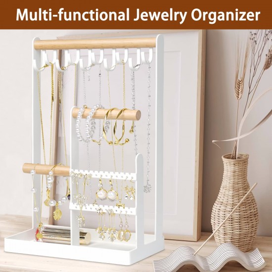 Jewelry Organizer Stand with Earring Tray and 10 Hooks, 4 Tier Necklace Holder Display for Earrings Watches Bracelet Rings