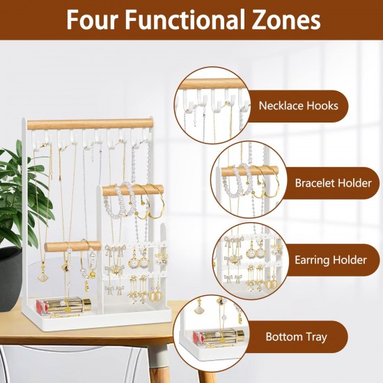 Jewelry Organizer Stand with Earring Tray and 10 Hooks, 4 Tier Necklace Holder Display for Earrings Watches Bracelet Rings