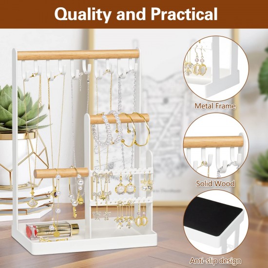 Jewelry Organizer Stand with Earring Tray and 10 Hooks, 4 Tier Necklace Holder Display for Earrings Watches Bracelet Rings