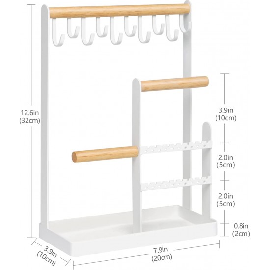 Jewelry Organizer Stand with Earring Tray and 10 Hooks, 4 Tier Necklace Holder Display for Earrings Watches Bracelet Rings