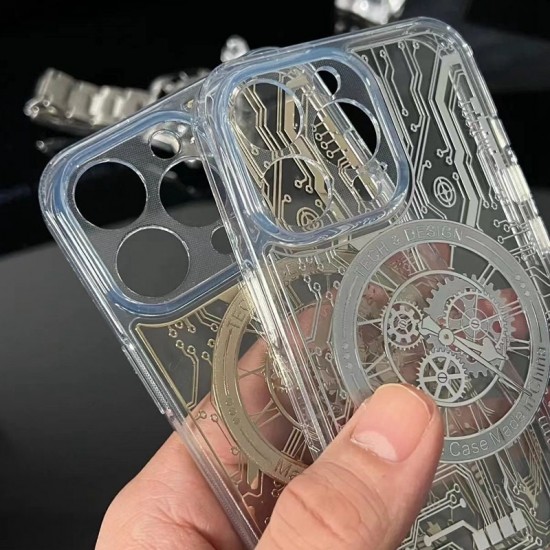 Phone  Case for iPhone 14  13 12 Electronics Plated Mechanics Clock Protective Cover Bumper