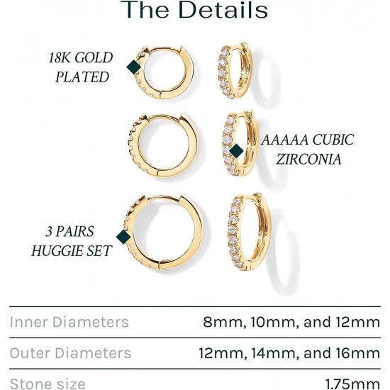 3 Pairs Small Hoop Earrings Set Mini Cartilage Helix Huggie Hoop Pack for Women Men 8mm 10mm 12mm