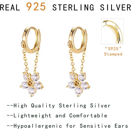 925 Sterling Silver Flower Chain Drop Earrings Hoop for Women Teen Girls Huggie Hoop Dangle Earrings Chain