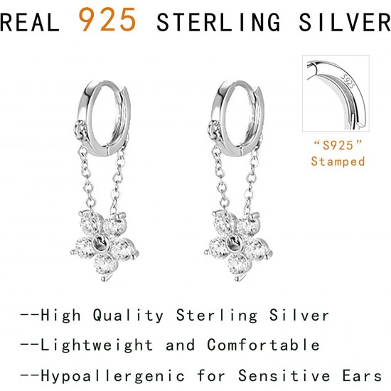 925 Sterling Silver Flower Chain Drop Earrings Hoop for Women Teen Girls Huggie Hoop Dangle Earrings Chain