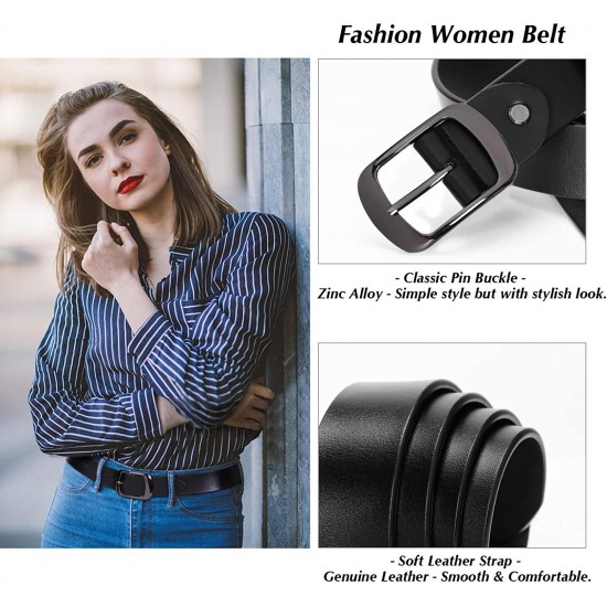 Fashion Womens Genuine Leather Belt, Cowhide Waist Belt with Pin Buckle for Jeans Pants