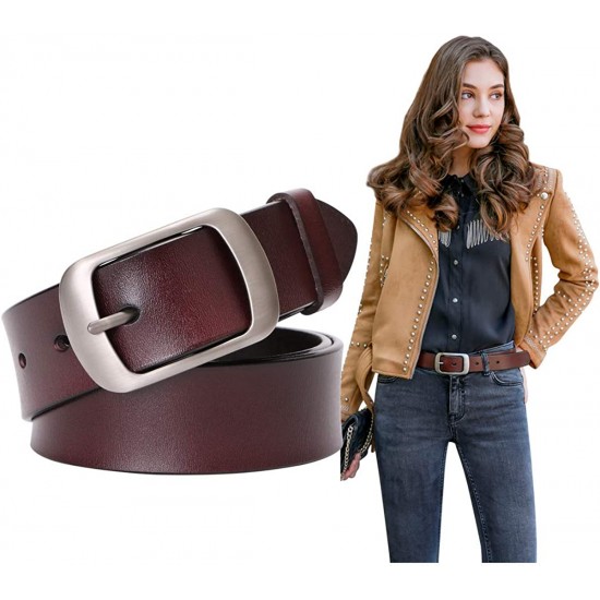 Fashion Womens Genuine Leather Belt, Cowhide Waist Belt with Pin Buckle for Jeans Pants