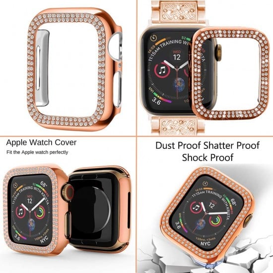 Compatible with Apple Watch Band 38mm + Case, Women Jewelry Bling Diamond Metal Strap & 2 Pack Bumper Frame Screen Protector for iWatch Series 3/2/1(Silver/38mm)