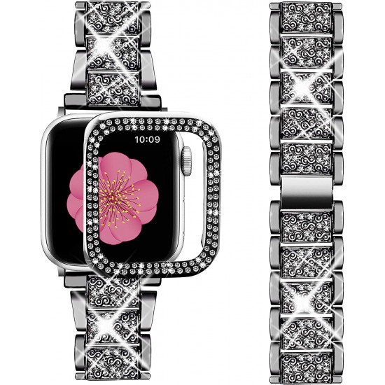 Compatible with Apple Watch Band 38mm + Case, Women Jewelry Bling Diamond Metal Strap & 2 Pack Bumper Frame Screen Protector for iWatch Series 3/2/1(Silver/38mm)