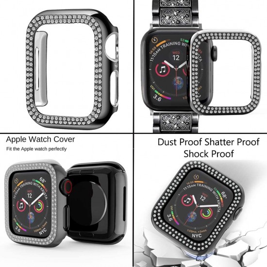 Compatible with Apple Watch Band 38mm + Case, Women Jewelry Bling Diamond Metal Strap & 2 Pack Bumper Frame Screen Protector for iWatch Series 3/2/1(Silver/38mm)