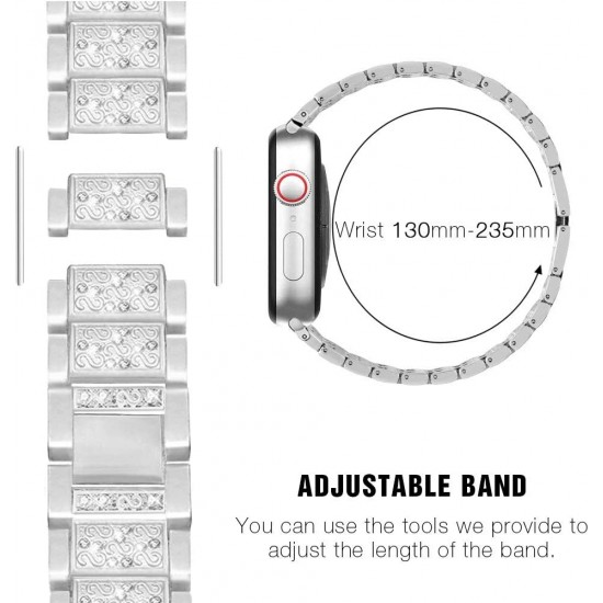 Compatible with Apple Watch Band 38mm + Case, Women Jewelry Bling Diamond Metal Strap & 2 Pack Bumper Frame Screen Protector for iWatch Series 3/2/1(Silver/38mm)