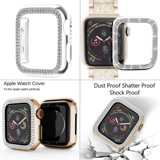 Compatible with Apple Watch Band 38mm + Case, Women Jewelry Bling Diamond  Metal Strap & 2 Pack Bumper Frame Screen Protector for iWatch Series 