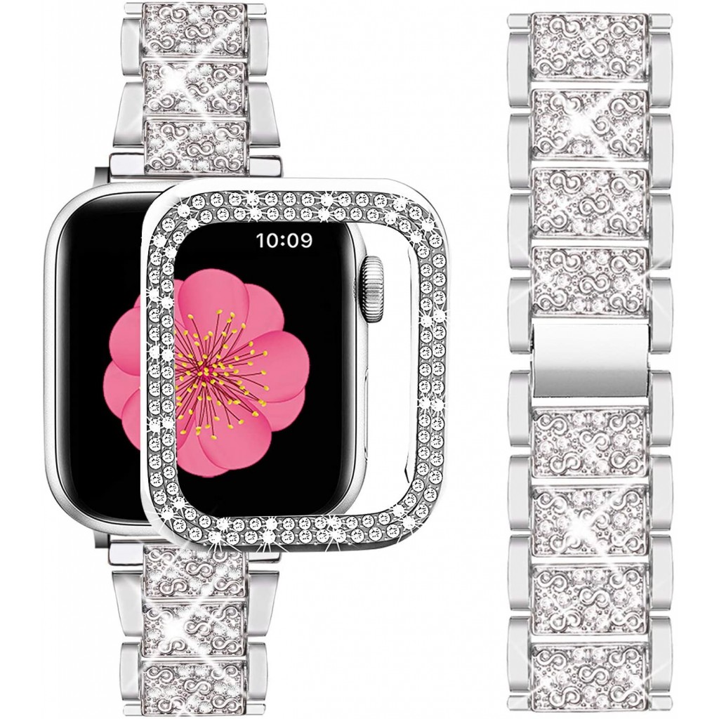 Compatible with Apple Watch Band 38mm + Case, Women Jewelry Bling Diamond  Metal Strap & 2 Pack Bumper Frame Screen Protector for iWatch Series 