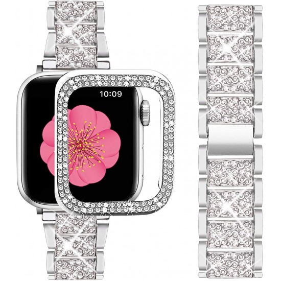 Compatible with Apple Watch Band 38mm + Case, Women Jewelry Bling Diamond Metal Strap & 2 Pack Bumper Frame Screen Protector for iWatch Series 3/2/1(Silver/38mm)