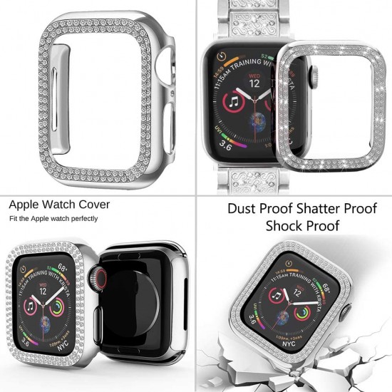 Compatible with Apple Watch Band 38mm + Case, Women Jewelry Bling Diamond Metal Strap & 2 Pack Bumper Frame Screen Protector for iWatch Series 3/2/1(Silver/38mm)