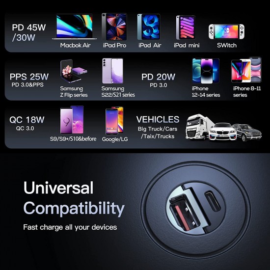 USB C Car Charger, PD 45W & QC 45W Fast Charging Cigarette Lighter USB Charger Adapter Super Small, Flush Fit, Metal Compatible with iPhone 14 13 12 Samsung Galaxy S22 21 20 Pixel