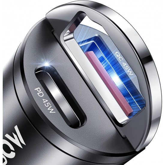 USB C Car Charger, PD 45W & QC 45W Fast Charging Cigarette Lighter USB Charger Adapter Super Small, Flush Fit, Metal Compatible with iPhone 14 13 12 Samsung Galaxy S22 21 20 Pixel