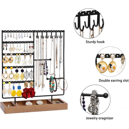 Earring Holder,5-Tier Ear Stud Holder with Wooden Tray,Jewelry Organizer Holder for Earrings Necklaces Bracelets Watches and Rings,Earring Display Stand