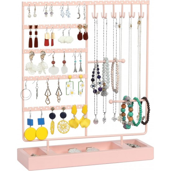 Earring Holder,5-Tier Ear Stud Holder with Wooden Tray,Jewelry Organizer Holder for Earrings Necklaces Bracelets Watches and Rings,Earring Display Stand