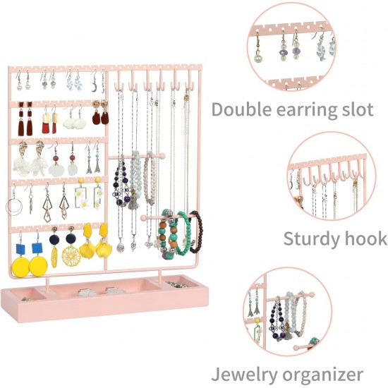 Earring Holder,5-Tier Ear Stud Holder with Wooden Tray,Jewelry Organizer Holder for Earrings Necklaces Bracelets Watches and Rings,Earring Display Stand