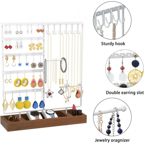 Earring Holder,5-Tier Ear Stud Holder with Wooden Tray,Jewelry Organizer Holder for Earrings Necklaces Bracelets Watches and Rings,Earring Display Stand