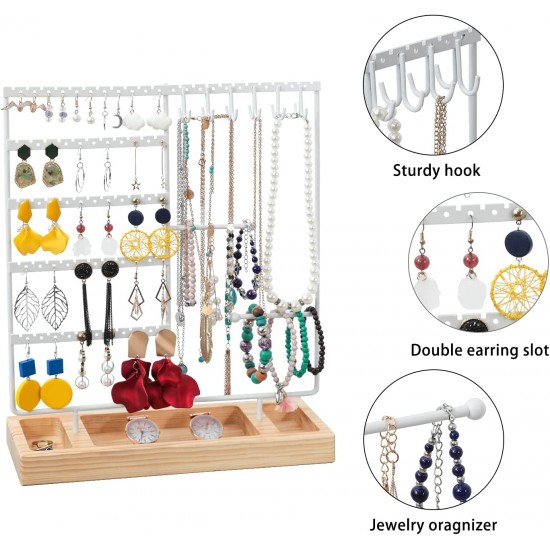 Earring Holder,5-Tier Ear Stud Holder with Wooden Tray,Jewelry Organizer Holder for Earrings Necklaces Bracelets Watches and Rings,Earring Display Stand