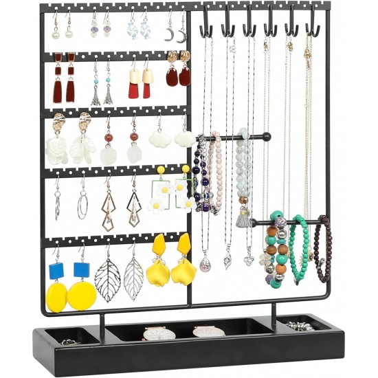 Earring Holder,5-Tier Ear Stud Holder with Wooden Tray,Jewelry Organizer Holder for Earrings Necklaces Bracelets Watches and Rings,Earring Display Stand