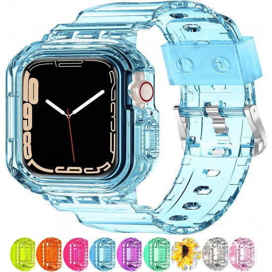 Crystal Clear Watch Bands for Apple Watch Series 8 7 6 5 4 3 2 1 SE 45mm 44mm 42mm 41mm 40mm 38mm with Bumper Case for Men Women