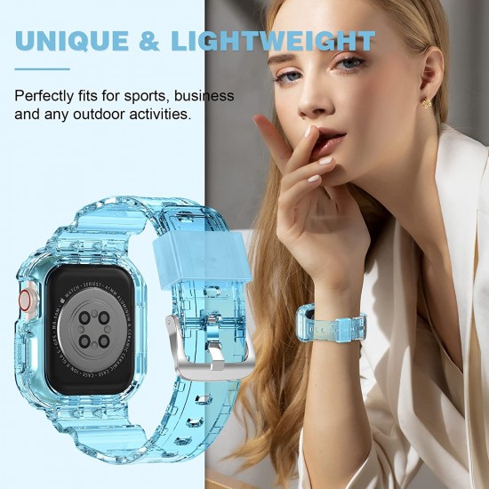Crystal Clear Watch Bands for Apple Watch Series 8 7 6 5 4 3 2 1 SE 45mm 44mm 42mm 41mm 40mm 38mm with Bumper Case for Men Women