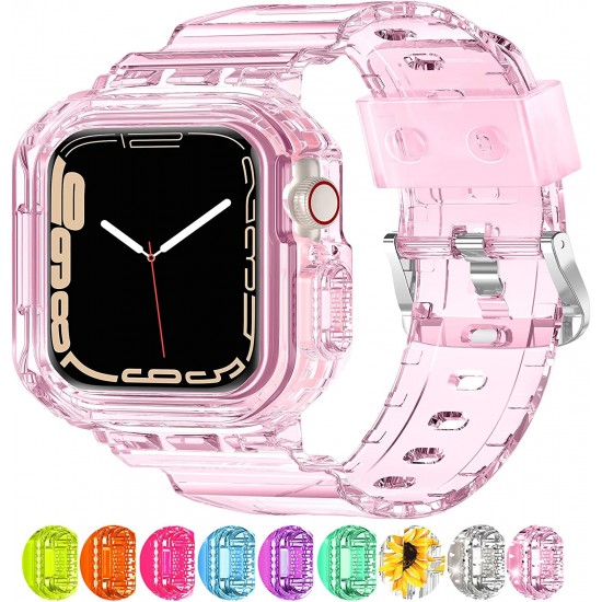 Crystal Clear Watch Bands for Apple Watch Series 8 7 6 5 4 3 2 1 SE 45mm 44mm 42mm 41mm 40mm 38mm with Bumper Case for Men Women