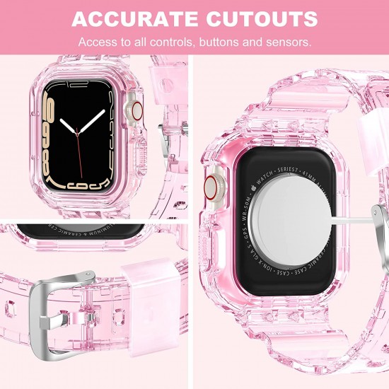Crystal Clear Watch Bands for Apple Watch Series 8 7 6 5 4 3 2 1 SE 45mm 44mm 42mm 41mm 40mm 38mm with Bumper Case for Men Women