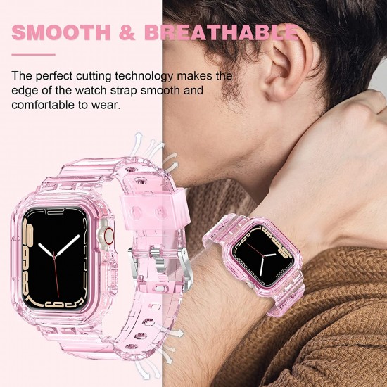 Crystal Clear Watch Bands for Apple Watch Series 8 7 6 5 4 3 2 1 SE 45mm 44mm 42mm 41mm 40mm 38mm with Bumper Case for Men Women