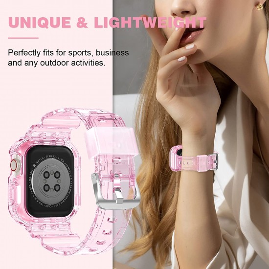Crystal Clear Watch Bands for Apple Watch Series 8 7 6 5 4 3 2 1 SE 45mm 44mm 42mm 41mm 40mm 38mm with Bumper Case for Men Women