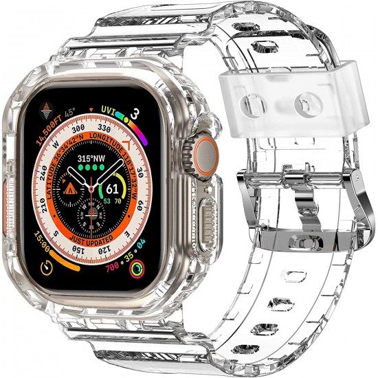 Crystal Clear Watch Bands for Apple Watch Series 8 7 6 5 4 3 2 1 SE 45mm 44mm 42mm 41mm 40mm 38mm with Bumper Case for Men Women