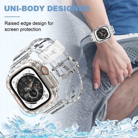 Crystal Clear Watch Bands for Apple Watch Series 8 7 6 5 4 3 2 1 SE 45mm 44mm 42mm 41mm 40mm 38mm with Bumper Case for Men Women