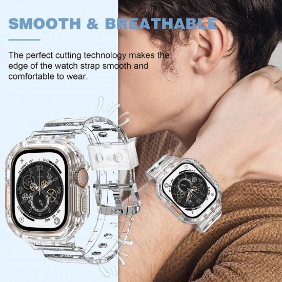 Crystal Clear Watch Bands for Apple Watch Series 8 7 6 5 4 3 2 1 SE 45mm 44mm 42mm 41mm 40mm 38mm with Bumper Case for Men Women